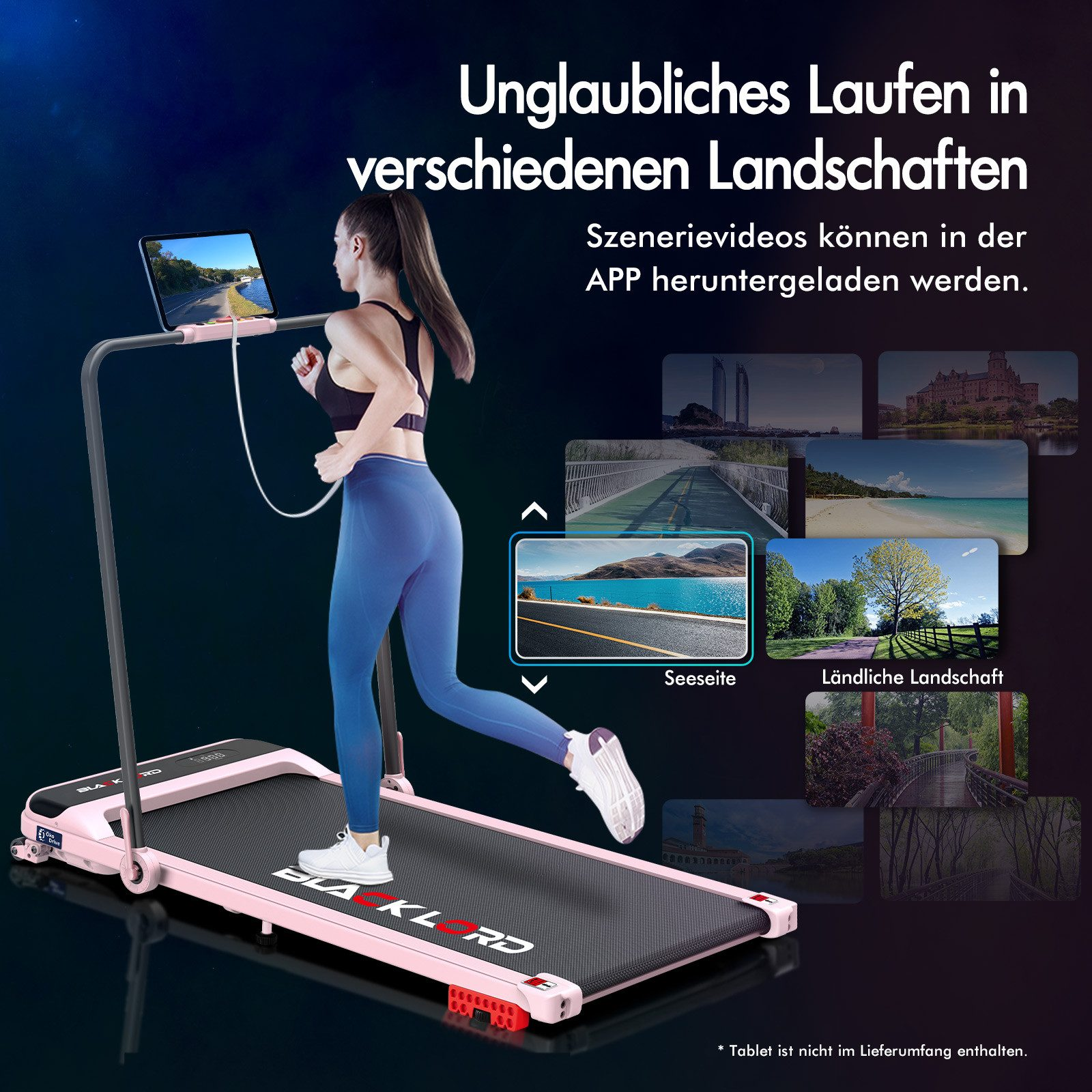 Frau läuft auf rosa Laufband, Tablet zeigt Straßenansicht. Hintergrund zeigt verschiedene Landschaften.