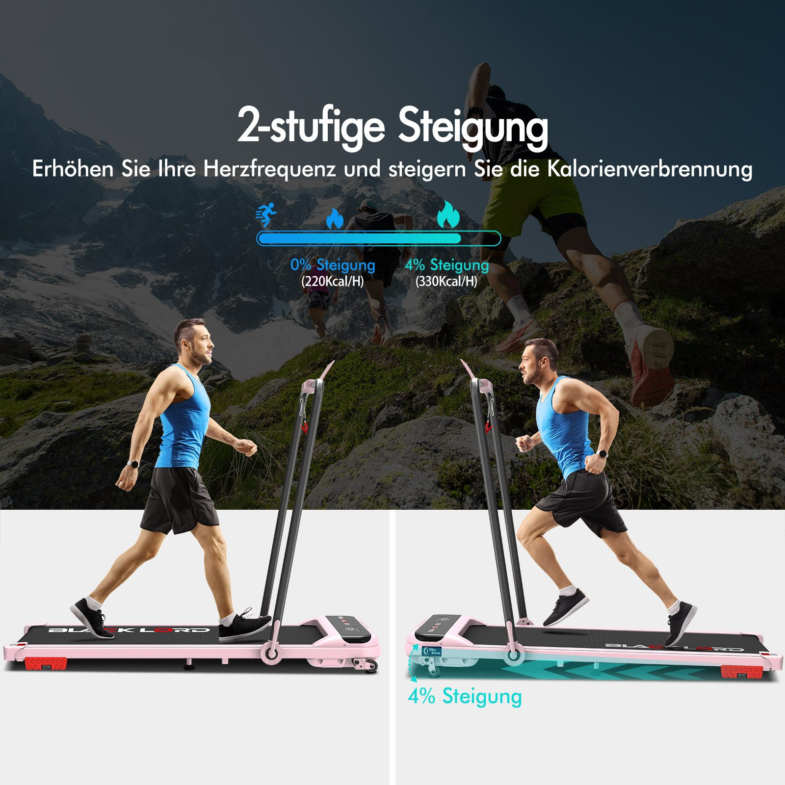 Zwei Männer auf Laufbändern, einer mit 0 %, der andere mit 4 % Steigung. Der Hintergrund zeigt einen Berg.