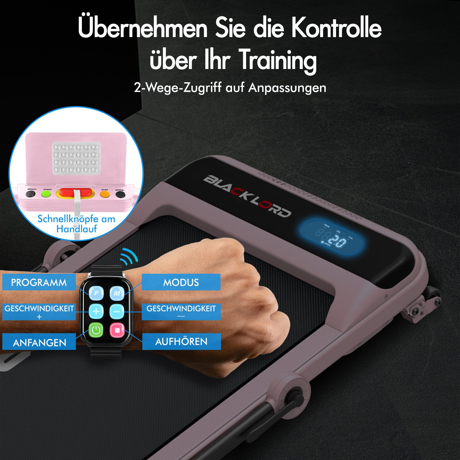 Ein Laufband-Bedienfeld mit Digitalanzeige 8.2.0. Eine Smartwatch zeigt Programm-, Geschwindigkeits- und Modusoptionen.
