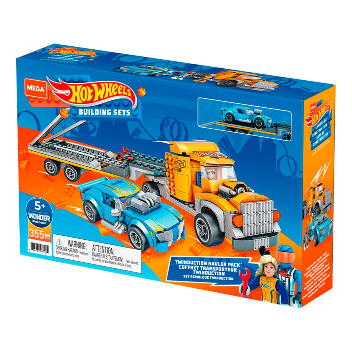 Eine Hot Wheels Twininduction Hauler Pack Bausatzbox. Sie zeigt einen orangefarbenen Lastwagen, ein blaues Auto und zwei Figuren auf blauem Hintergrund.