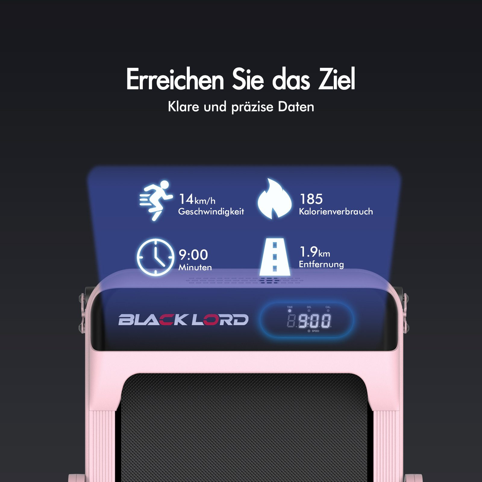 Ein rosa Laufband zeigt Laufstatistiken wie Geschwindigkeit, Zeit, Distanz und Kalorienverbrauch an. Der Text oben lautet 'Erreiche dein Ziel'.