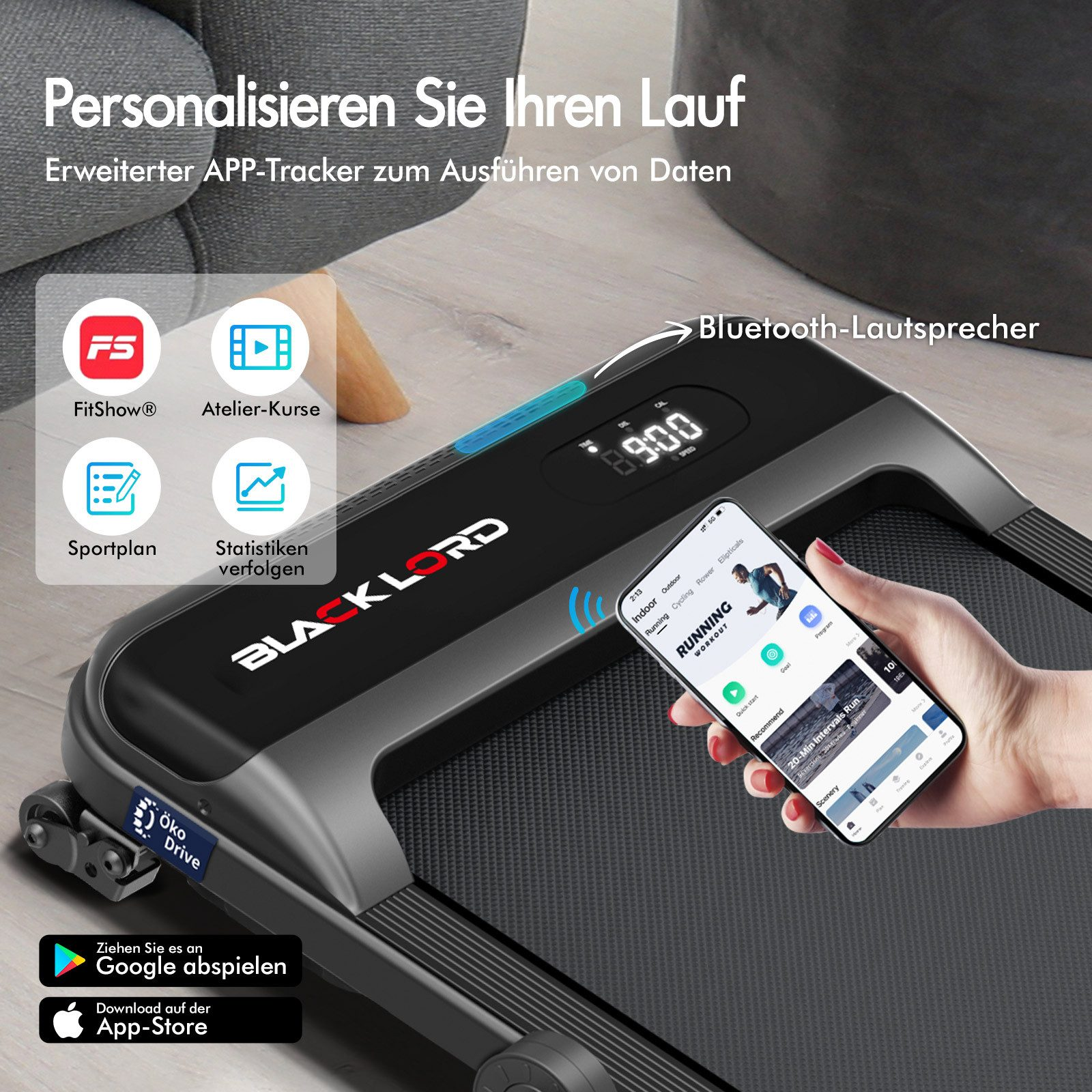 Laufband mit Telefon, das eine Lauf-App zeigt. Funktionen umfassen Bluetooth-Lautsprecher, Zeitanzeige und App-Symbole.