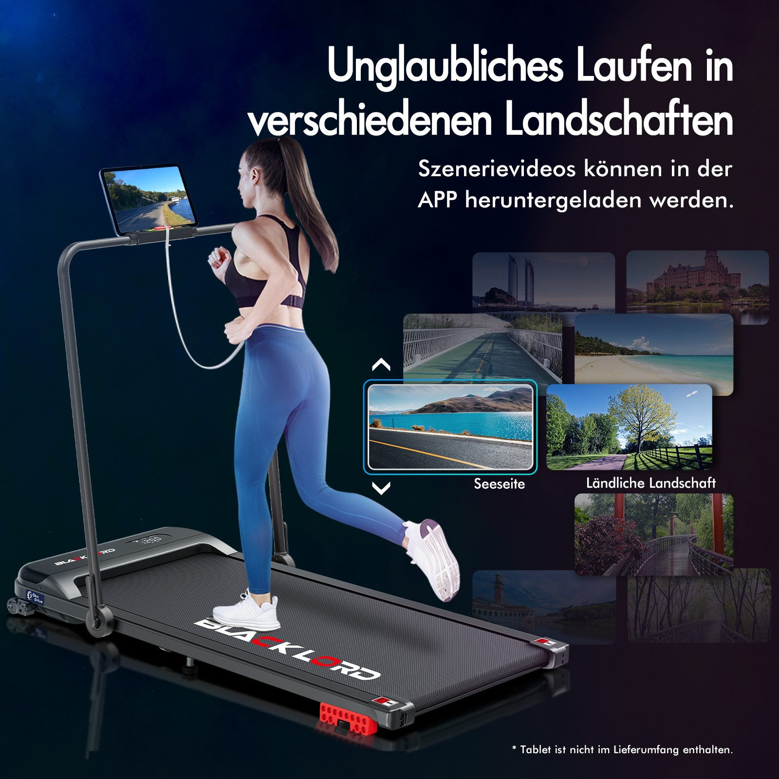 Eine Frau läuft auf einem Laufband. Der Bildschirm zeigt eine Landschaft. Bilder verschiedener Szenen sind rechts.