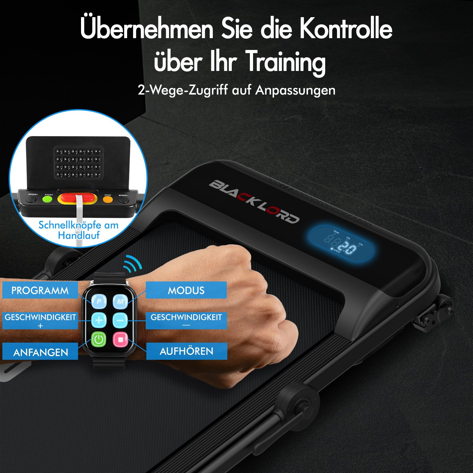 Ein Laufband-Bedienfeld mit einer Smartwatch und einer Hand, die das Gerät steuert. Text beinhaltet 'Speed', 'Start', 'Stop'.