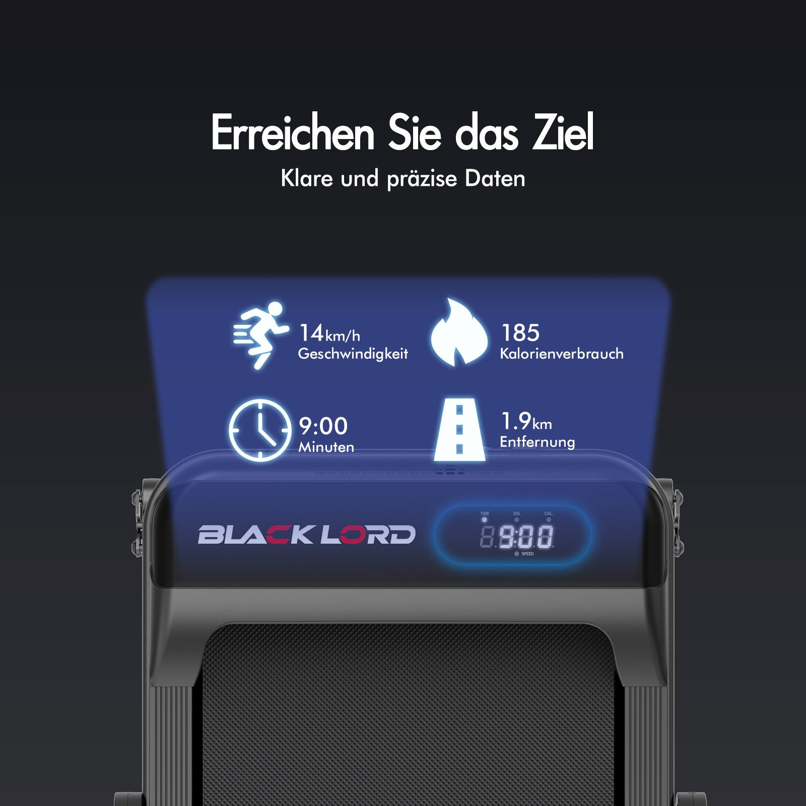 Laufbandanzeige mit Geschwindigkeit, Kalorien, Zeit und Distanz. Die Marke ist Black Lord.