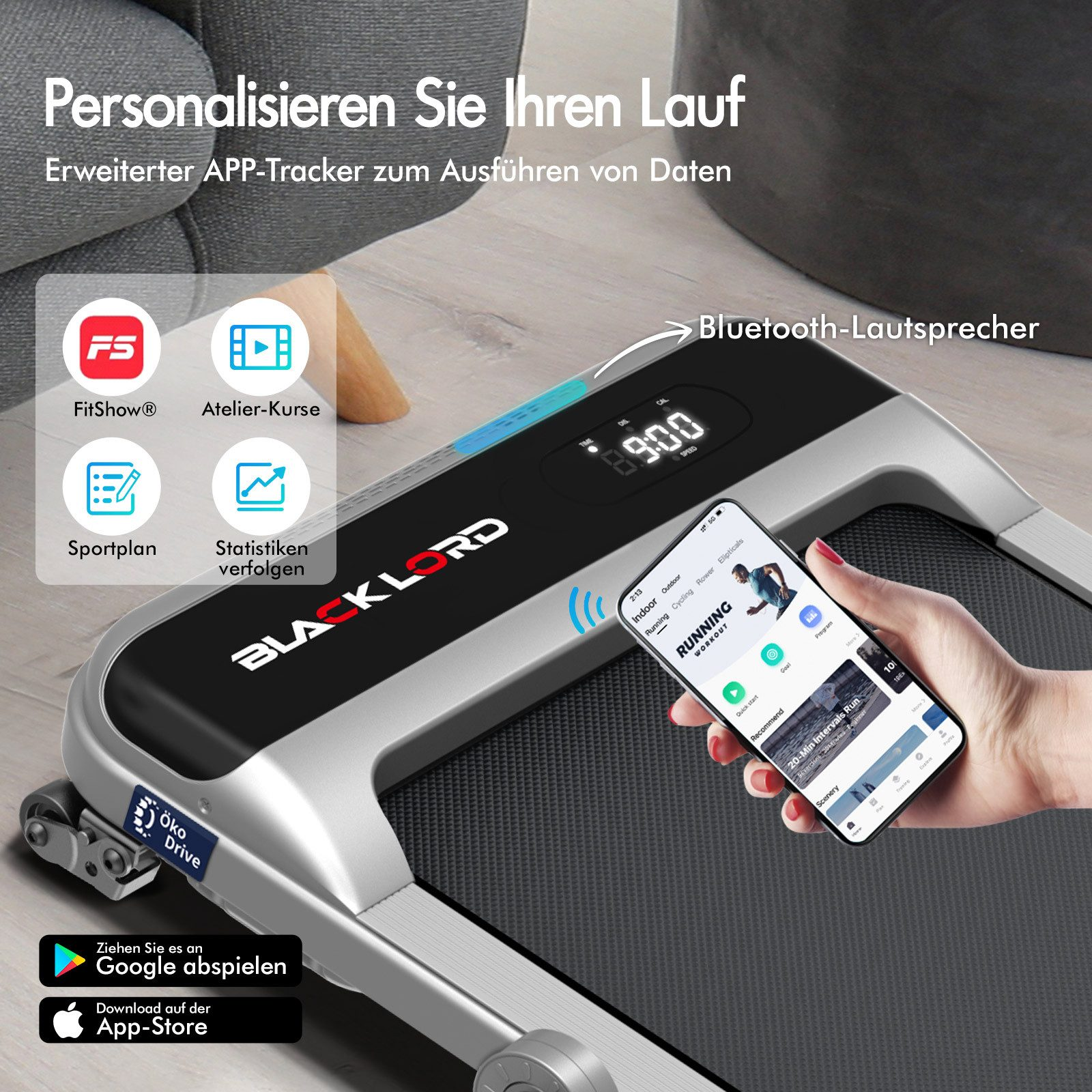 Laufband mit Telefon, das eine Workout-App zeigt. Der Text oben lautet 'Personalisieren Sie Ihren Lauf'. Logos und App Store-Links sind vorhanden.