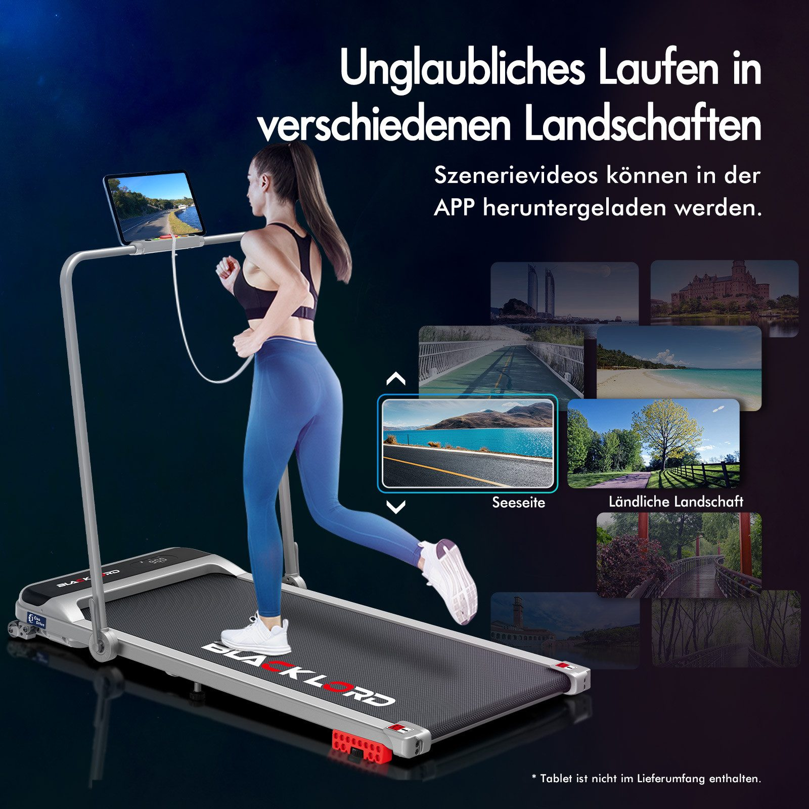 Eine Frau läuft auf einem Laufband. Der Bildschirm zeigt eine Straßenszene. Andere Szenen werden in kleinen Bildern gezeigt.