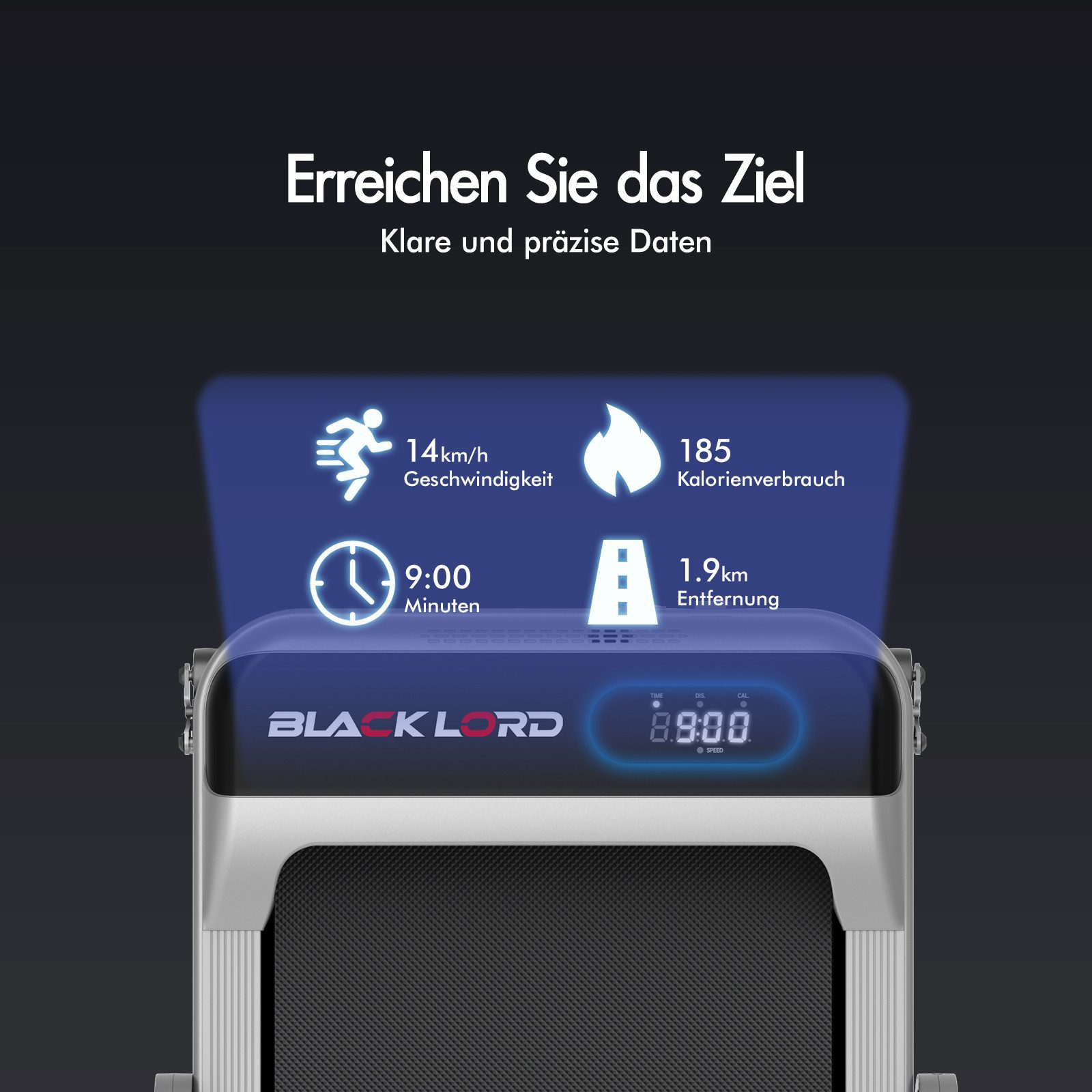 Laufbandanzeige zeigt Geschwindigkeit, Zeit, Distanz und Kalorienverbrauch. Text oben: Erreichen Sie das Ziel. Klare Daten.