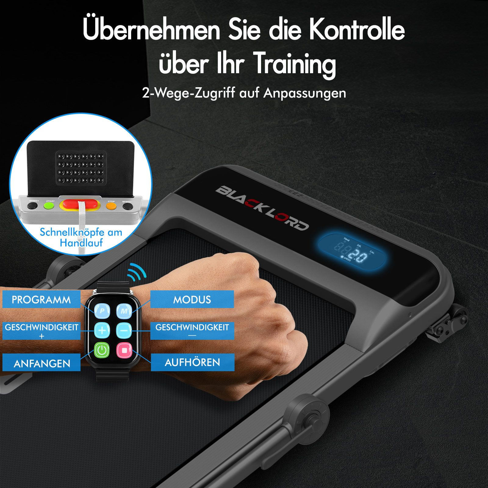 Laufband mit einer Uhr, die Modi anzeigt. Texte auf Deutsch sind 'Start', 'Stop', 'Modus', 'Geschwindigkeit' und 'Programm'.
