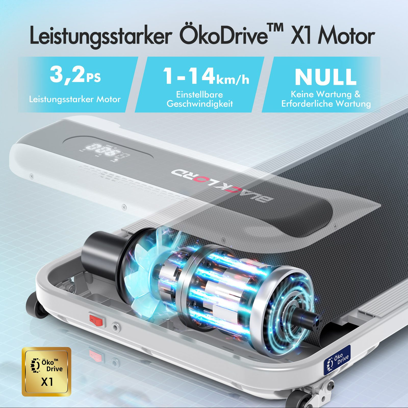 Ein Laufbandmotor mit blauen Lichtern, Digitalanzeige und Text zu Leistung und Geschwindigkeit. Das Laufband ist grau und weiß.