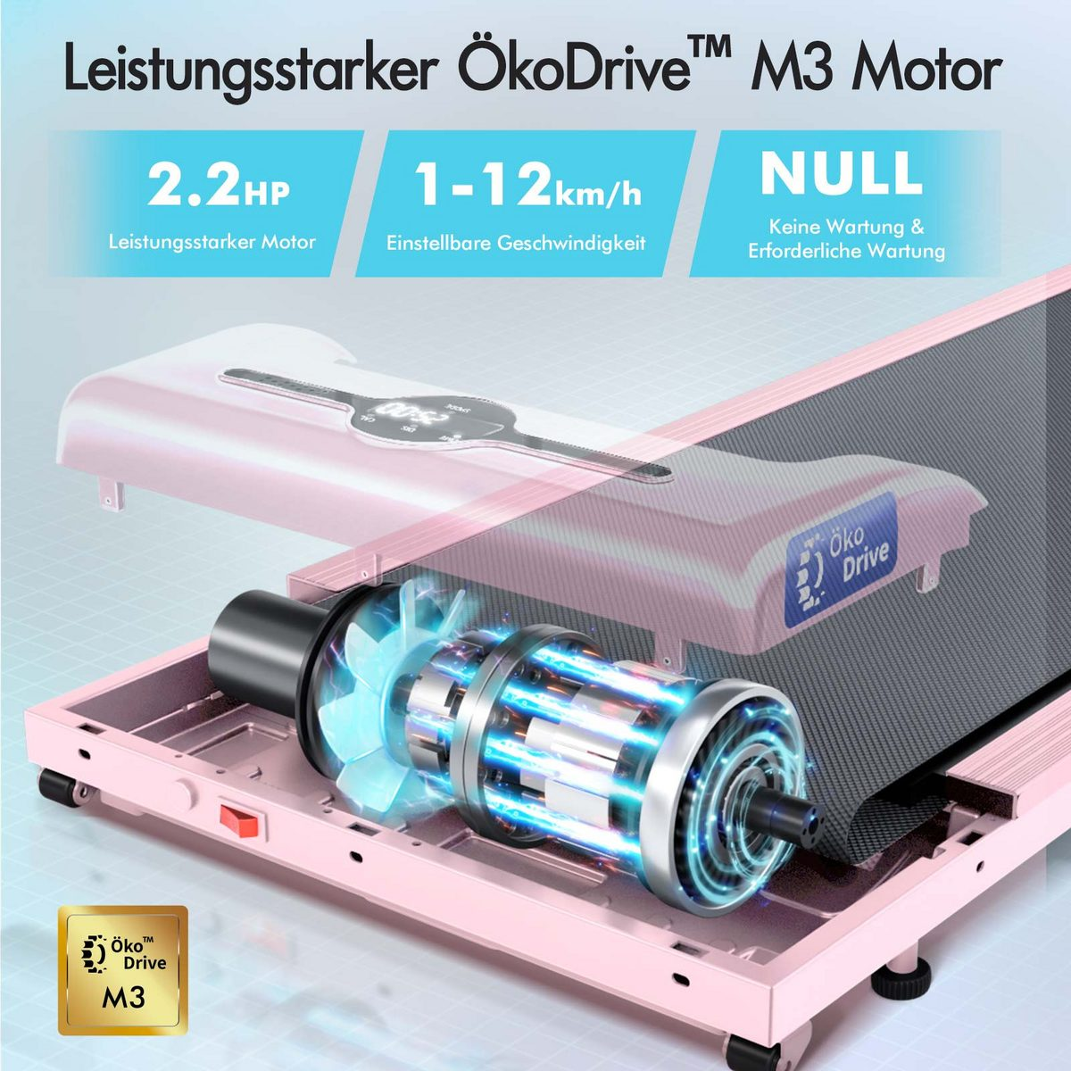 Rosa Laufband mit ÖkoDrive M3 Motor. Merkmale umfassen Geschwindigkeits- und Leistungsanzeigen. Ein blau beleuchteter Motor ist sichtbar.