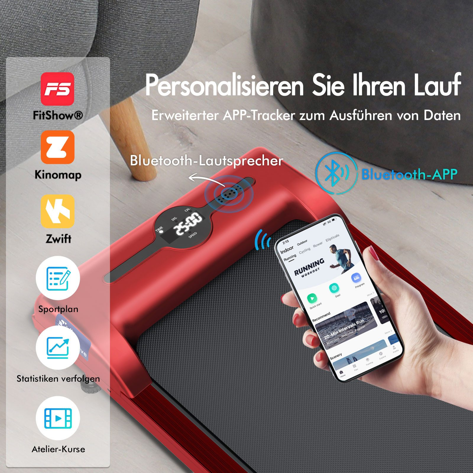 Rotes Laufband mit Telefon, das eine Lauf-App anzeigt. Details auf dem Bildschirm zeigen ein Lauftraining. Der Hintergrund hat Symbole.