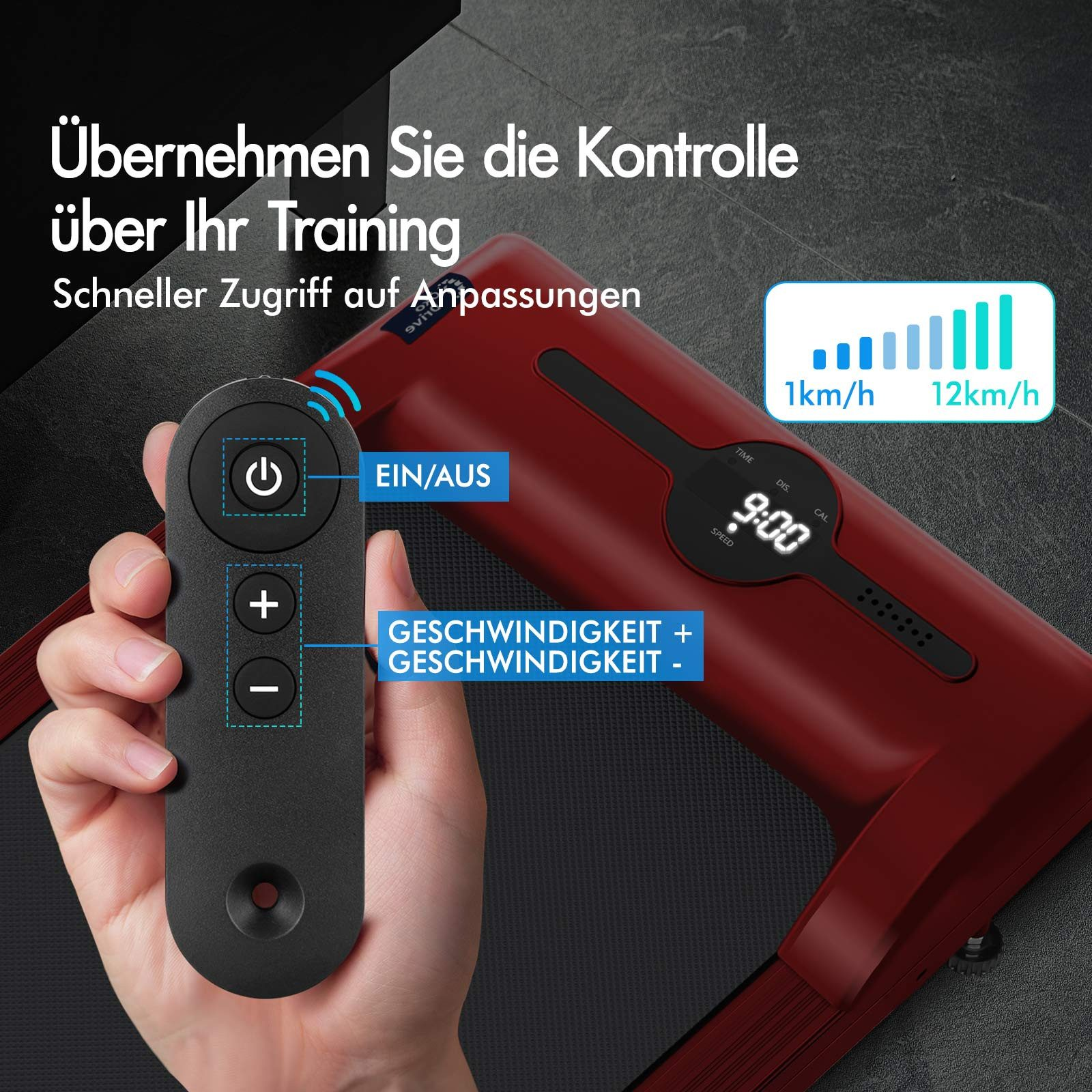 Eine Hand hält eine schwarze Fernbedienung mit Power-, Plus- und Minus-Tasten. Ein Laufband-Display zeigt Geschwindigkeit und Zeit.