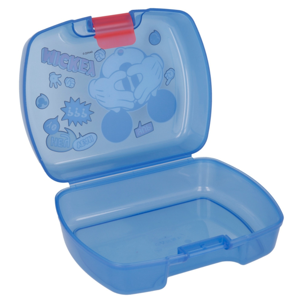 Portapranzo blu aperto di Mickey Mouse con chiusura rossa. L'immagine e il testo di Mickey sono sul coperchio.