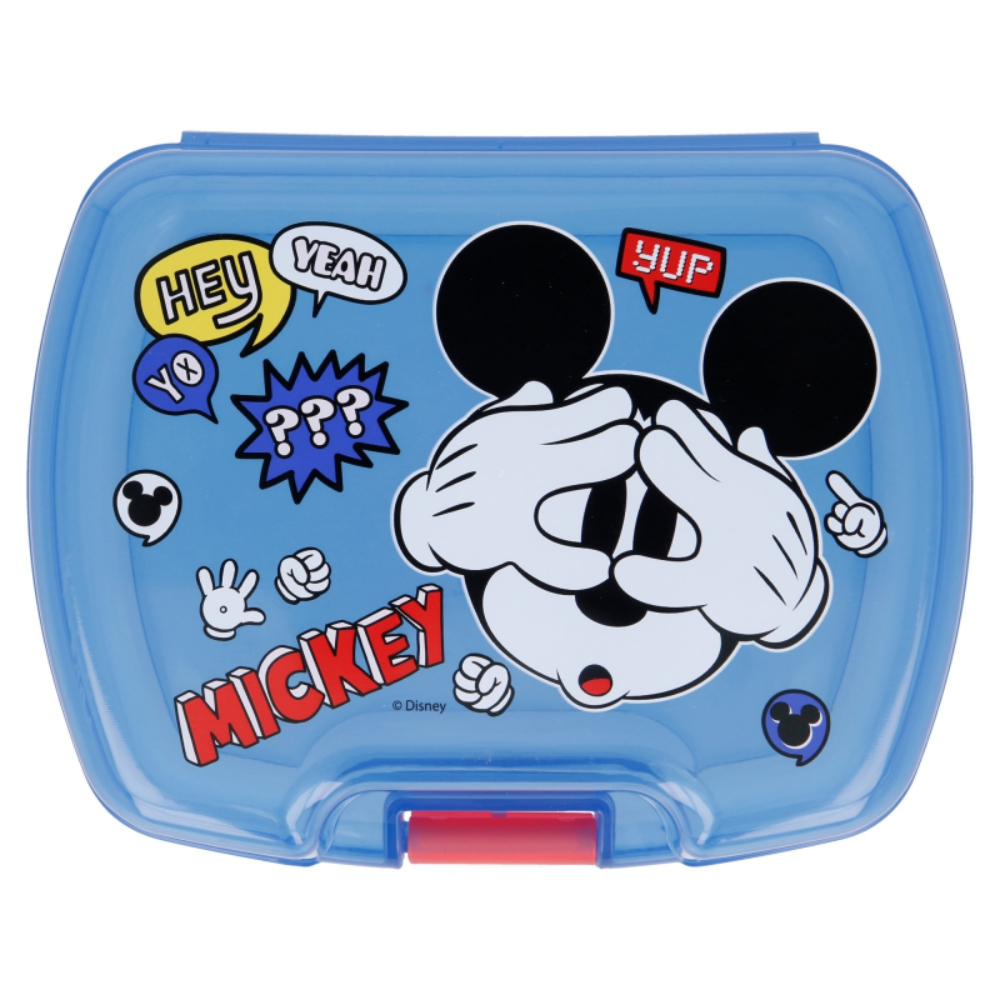Portapranzo blu con design di Topolino. Mickey si copre gli occhi. Fumetti dicono 'Hey', 'Yeah', 'Yup' e 'Yo'.