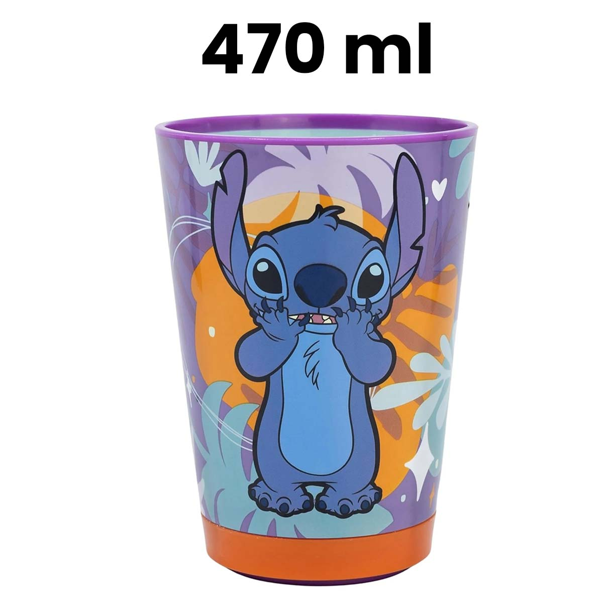 Un bicchiere a tema Stitch con una capacità di 470 ml. Presenta Stitch su uno sfondo colorato con bordo viola e base arancione.