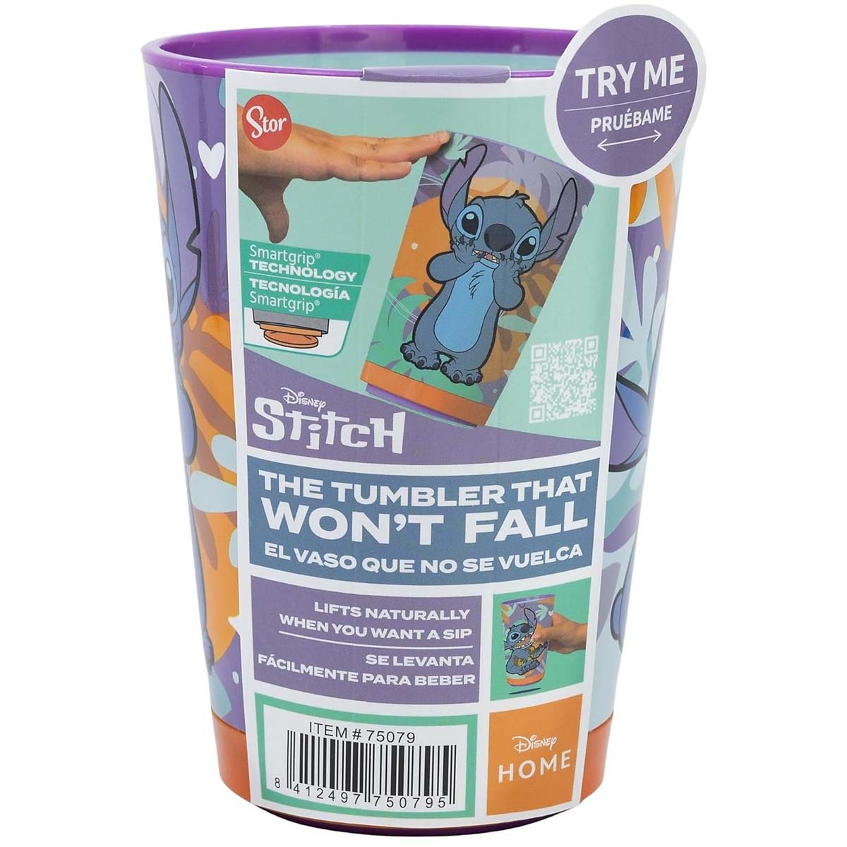 Un bicchiere Stitch con bordo viola, con Stitch e la scritta 'THE TUMBLER THAT WON'T FALL'.