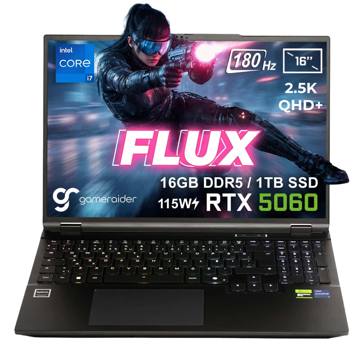 GAMERAIDER FLUX GR16 DDR5 RTX 5060 8GB 115W 2.5K QHD+ 180Hz Intel Core i7-14650HX 16 GB RAM 1 TB SSD 16 inç FreeDOS Gaming Laptop Siyah
