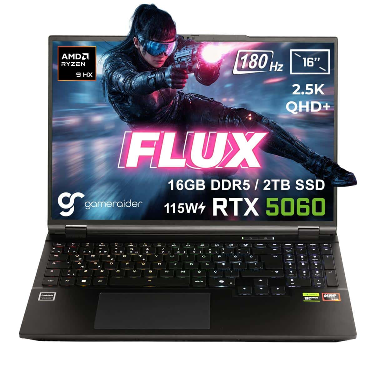 Fütüristik tasarımlı bir dizüstü bilgisayar. Ekran, silahlı bir kadın gösteriyor. Ayrıntılar arasında özellikler ve FLUX kelimesi yer alıyor.