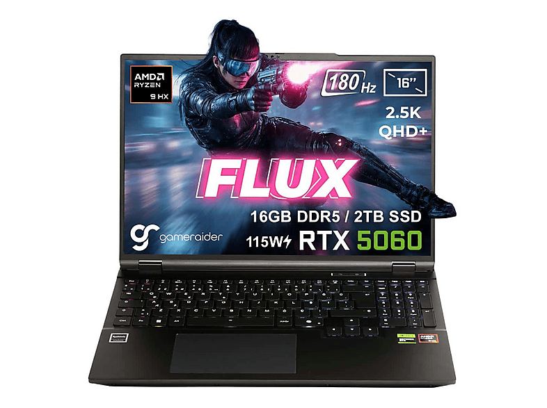GAMERAIDER FLUX GR16 DDR5 RTX 5060 8GB 115W 2.5K QHD+ 180Hz AMD Ryzen 9-8940HX 16 GB RAM 2 TB SSD 16 inç FreeDOS Gaming Laptop Siyah