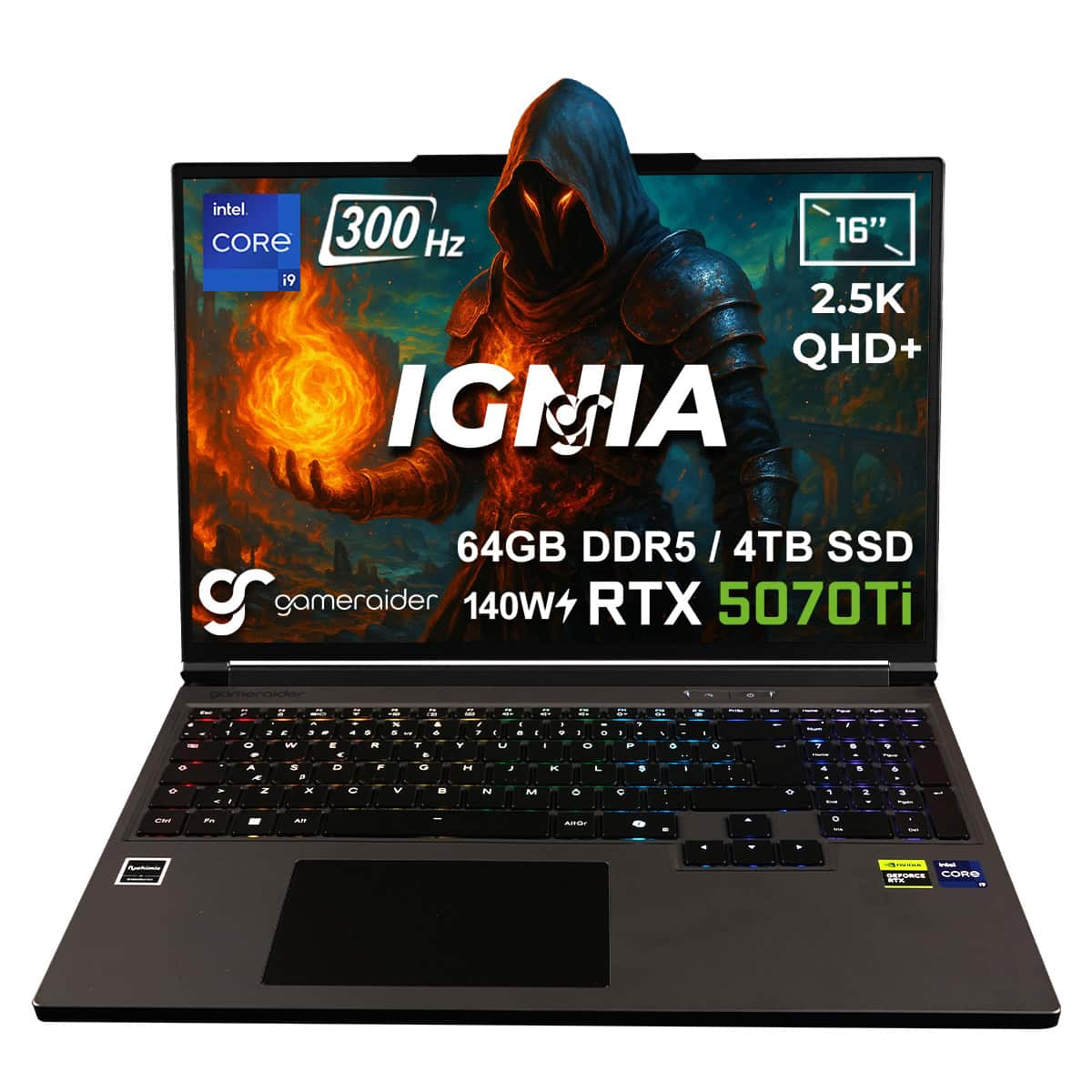 GAMERAIDER IGNIA GR16 DDR5 RTX 5070Ti 12GB 140W 2.5K QHD+ 300Hz Intel Core i9-14900HX 64 GB RAM 4 TB SSD 16 inç FreeDOS Gaming Laptop Siyah