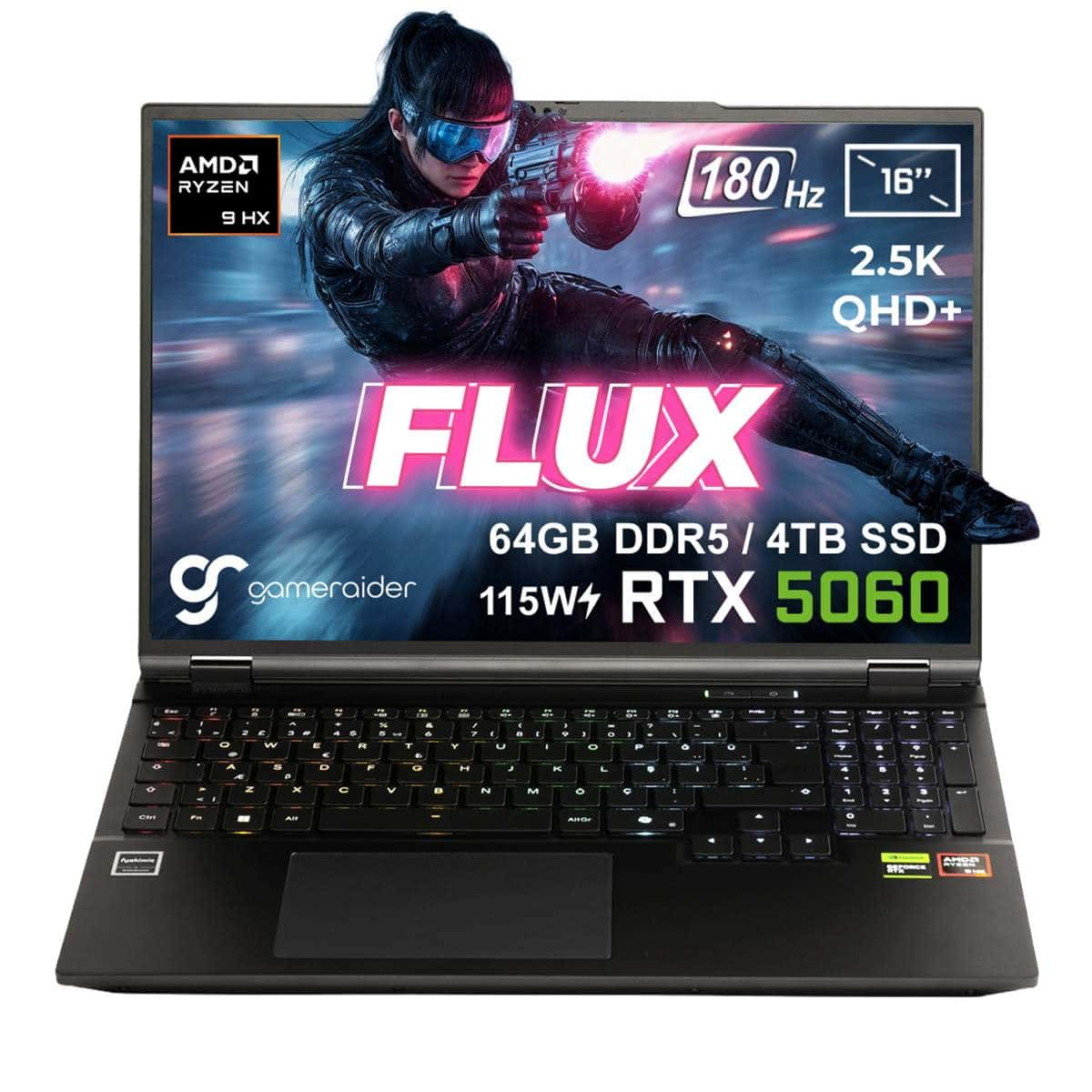 Ekranda silah tutan bir kadın gösteren bir dizüstü bilgisayar. Özellikler arasında Ryzen 9 HX, RTX 5060, 64 GB RAM ve 4 TB SSD bulunur.