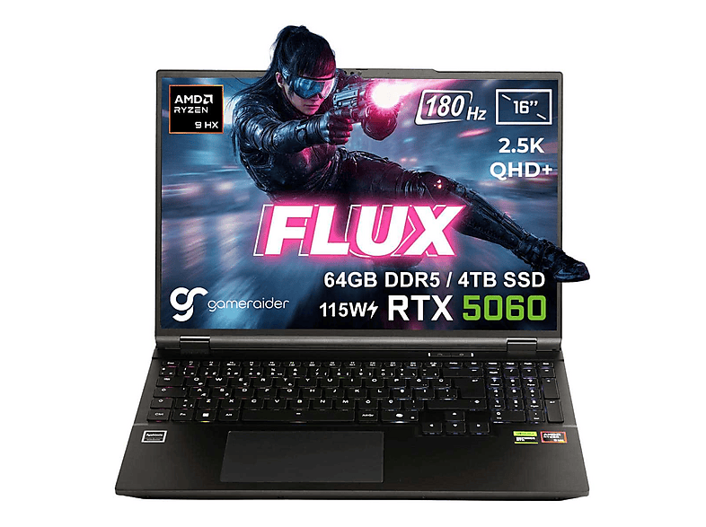 GAMERAIDER FLUX GR16 DDR5 RTX 5060 8GB 115W 2.5K QHD+ 180Hz AMD Ryzen 9-8940HX 64 GB RAM 4 TB SSD 16 inç FreeDOS Gaming Laptop Siyah