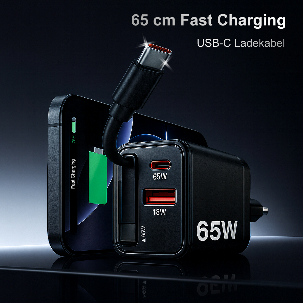 Ein schwarzes Ladegerät mit USB-C-Kabel lädt ein Telefon. Das Ladegerät hat zwei Anschlüsse mit der Aufschrift 65W und 18W. Text: '65 cm Schnellladung'.