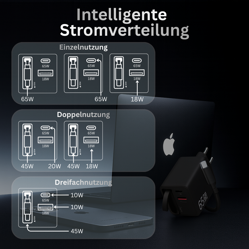 Diagramm zur Stromverteilung mit schwarzem Ladegerät und Laptop. Zeigt Einzel-, Doppel- und Dreifachnutzungsszenarien mit Wattangaben.