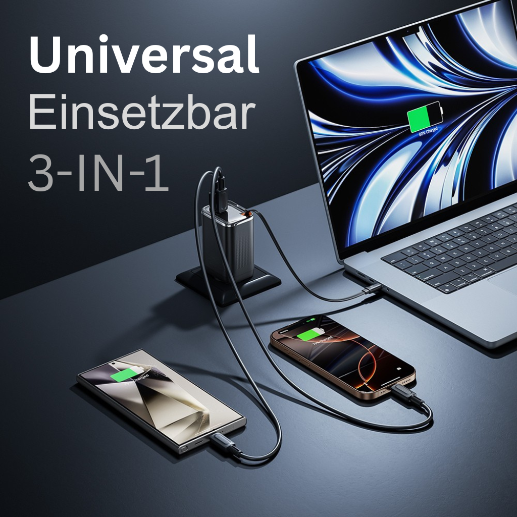Ein Ladegerät versorgt Laptop und zwei Telefone. Der Laptop-Bildschirm zeigt das Laden an. Telefone zeigen auch das Laden an. Ladegerät ist angeschlossen.
