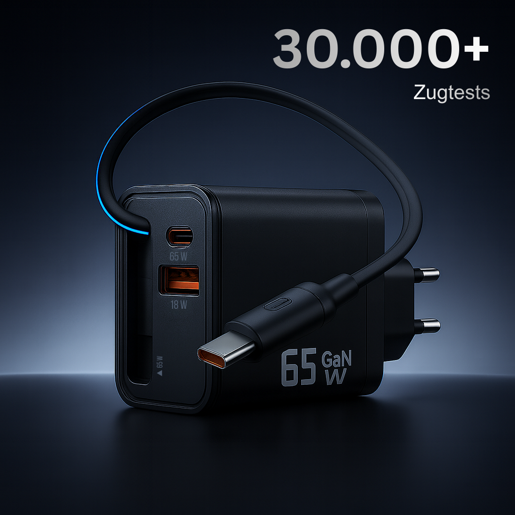 Schwarzes Ladegerät mit Kabel, 65W, zwei Anschlüsse sichtbar. Text: '30.000+' und 'Zugtests'.