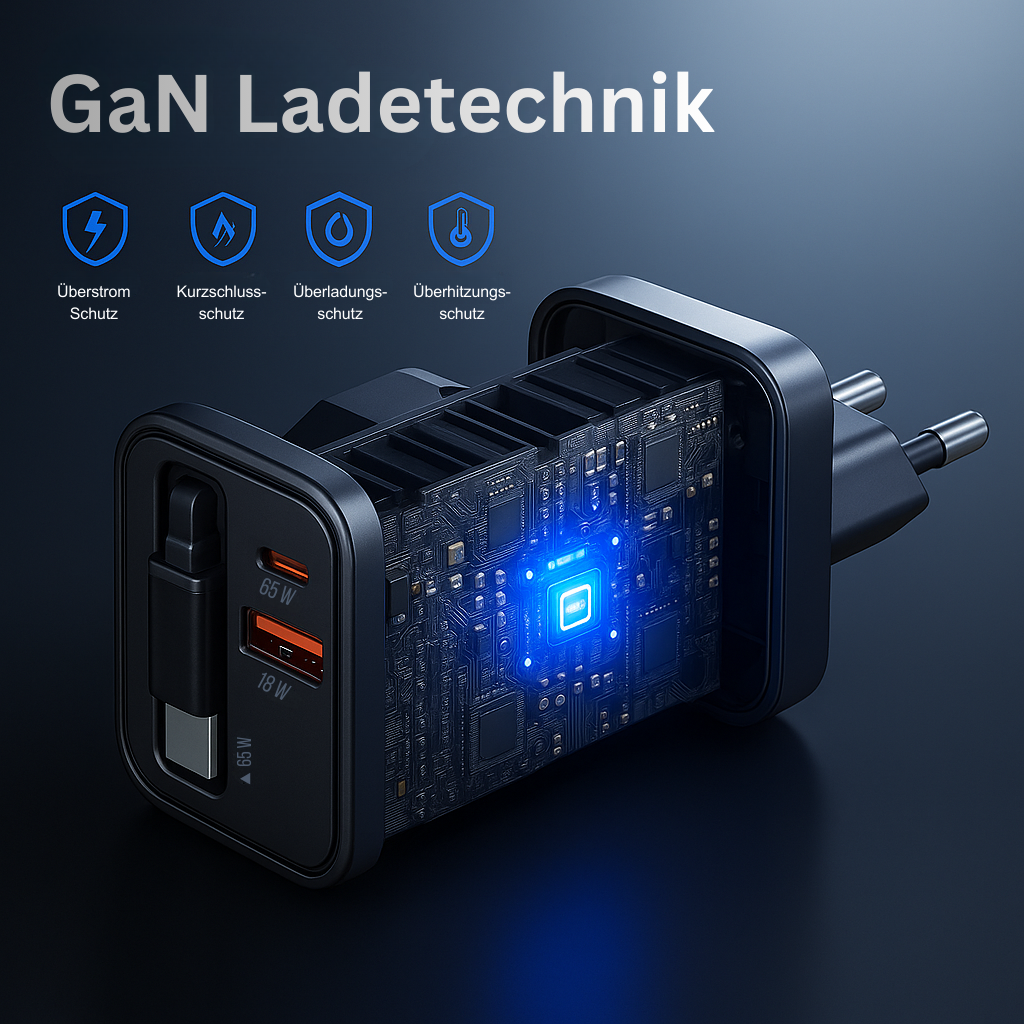 Schwarzes GaN-Ladegerät mit USB-Anschlüssen, Detail der Leiterplatte. Text: GaN Ladetechnik, Schutzsymbole, Wattzahl. Blauer Glanz, dunkler Hintergrund.