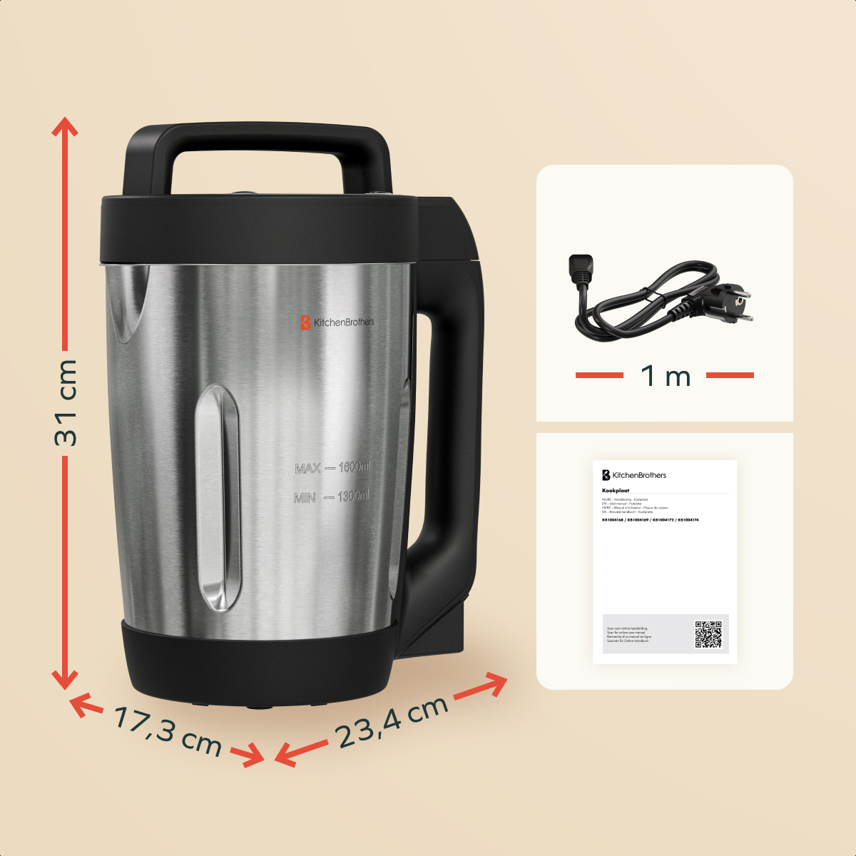 Een KitchenBrothers soepmaker. Afmetingen worden aangegeven. Een netsnoer en een papier met details zijn ook aanwezig.
