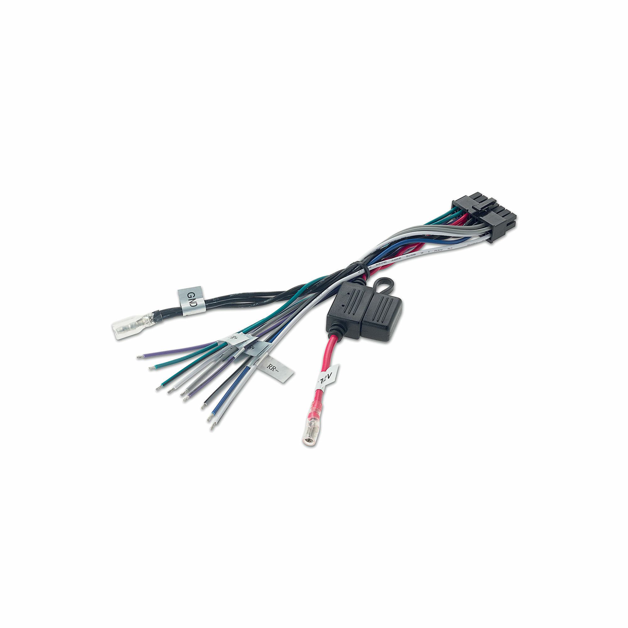Ein Bündel mehrfarbiger elektrischer Drähte mit Steckern, einer Sicherung und Etiketten vor weißem Hintergrund.