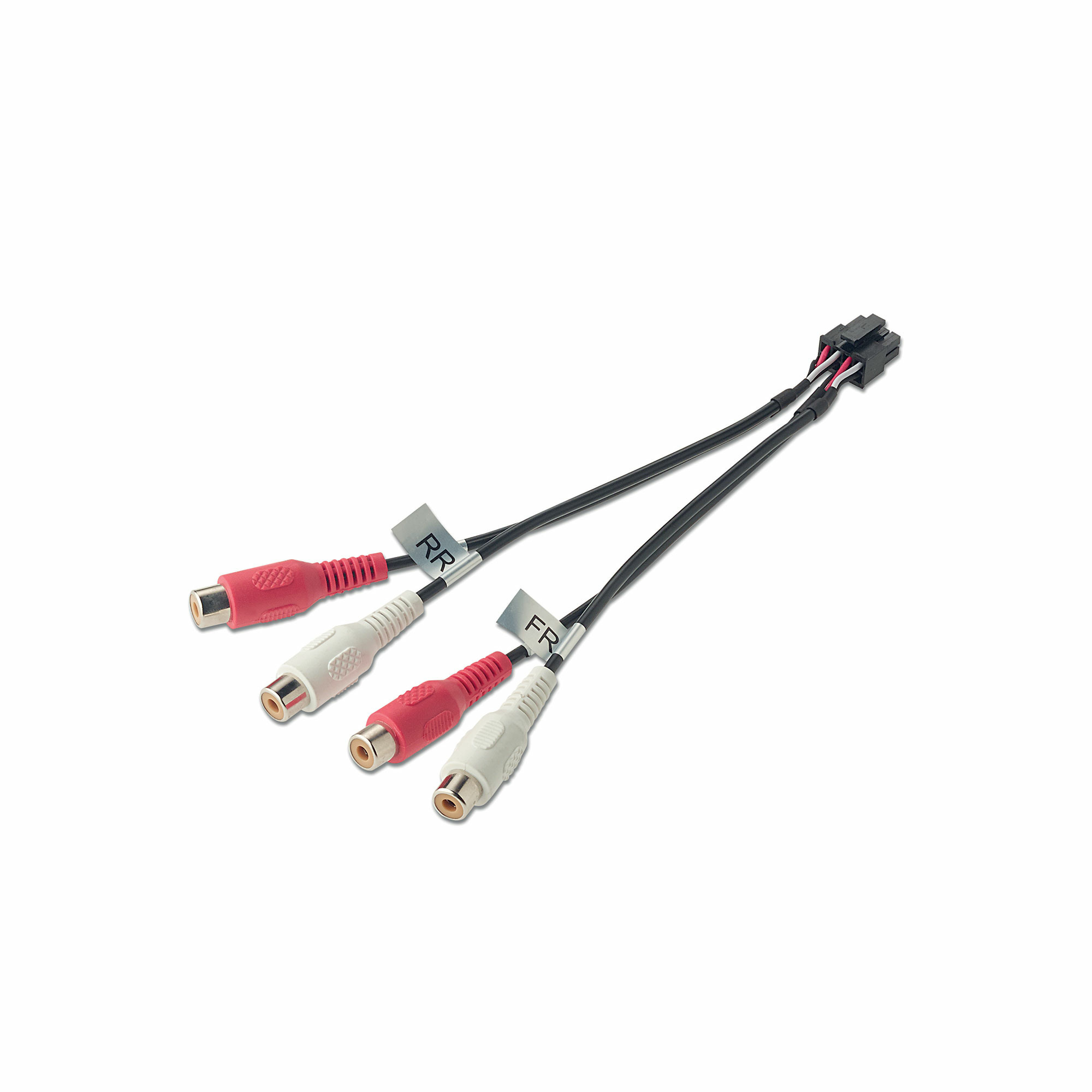 Audiokabel mit roten, weißen Steckern und schwarzen Drähten. Beschriftet mit FR und RR. Oben befindet sich ein schwarzer Stecker.