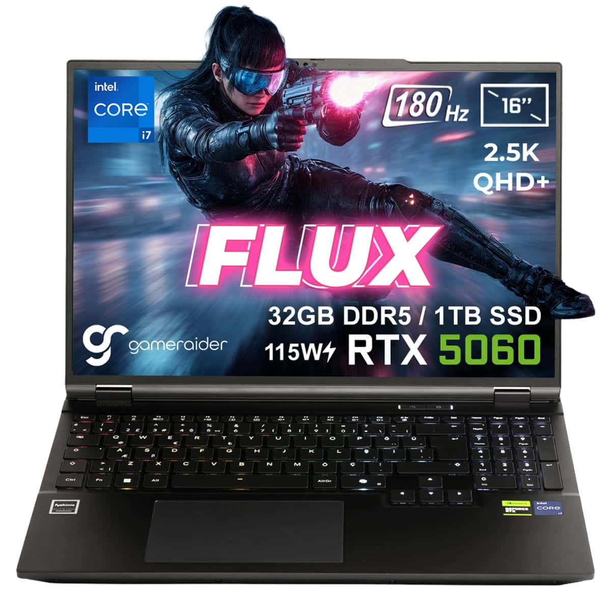 GAMERAIDER FLUX GR16 DDR5 RTX 5060 8GB 115W 2.5K QHD+ 180Hz Intel Core i7-14650HX 32 GB RAM 1 TB SSD 16 inç FreeDOS Gaming Laptop Siyah