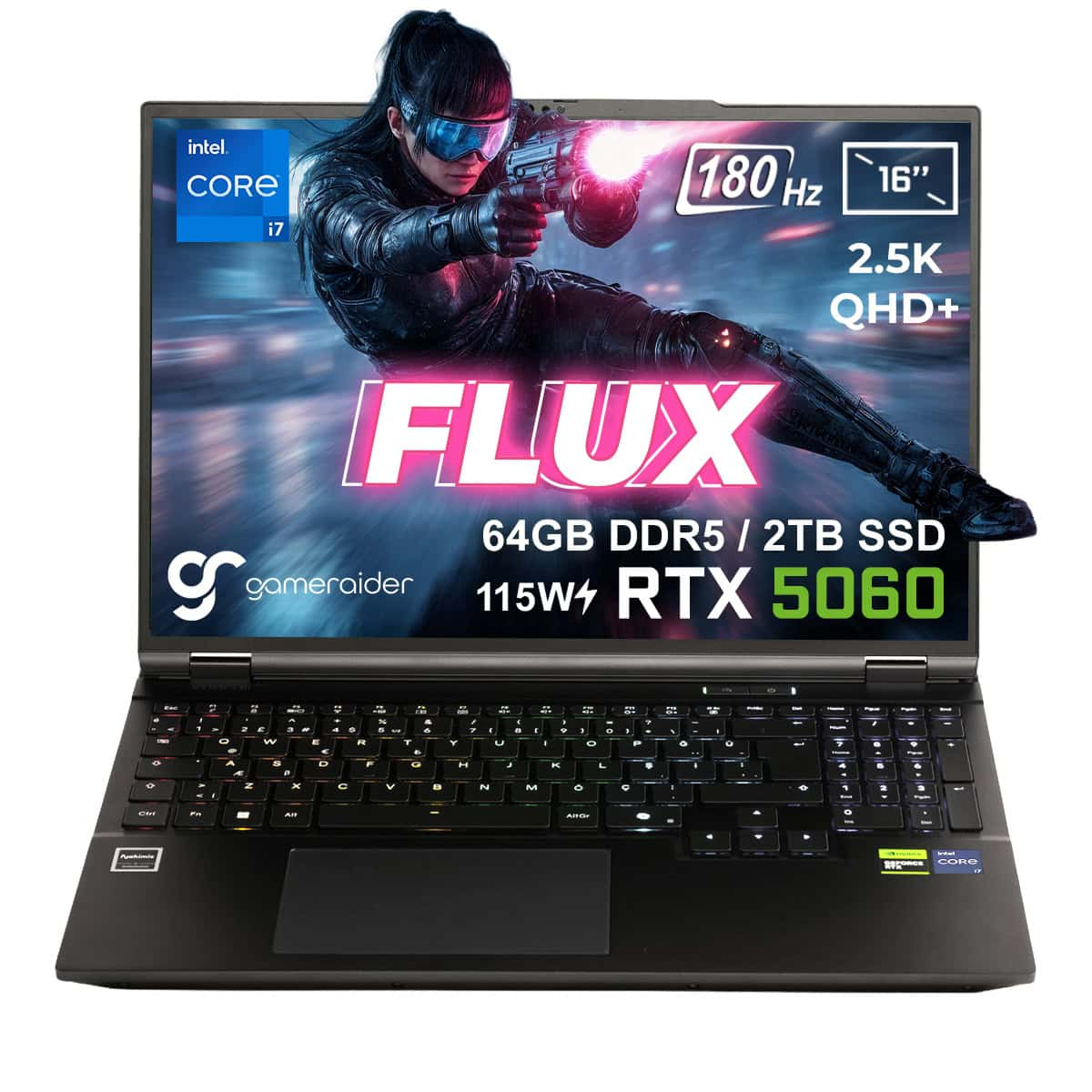 GAMERAIDER FLUX GR16 DDR5 RTX 5060 8GB 115W 2.5K QHD+ 180Hz Intel Core i7-14650HX 64 GB RAM 2 TB SSD 16 inç FreeDOS Gaming Laptop Siyah