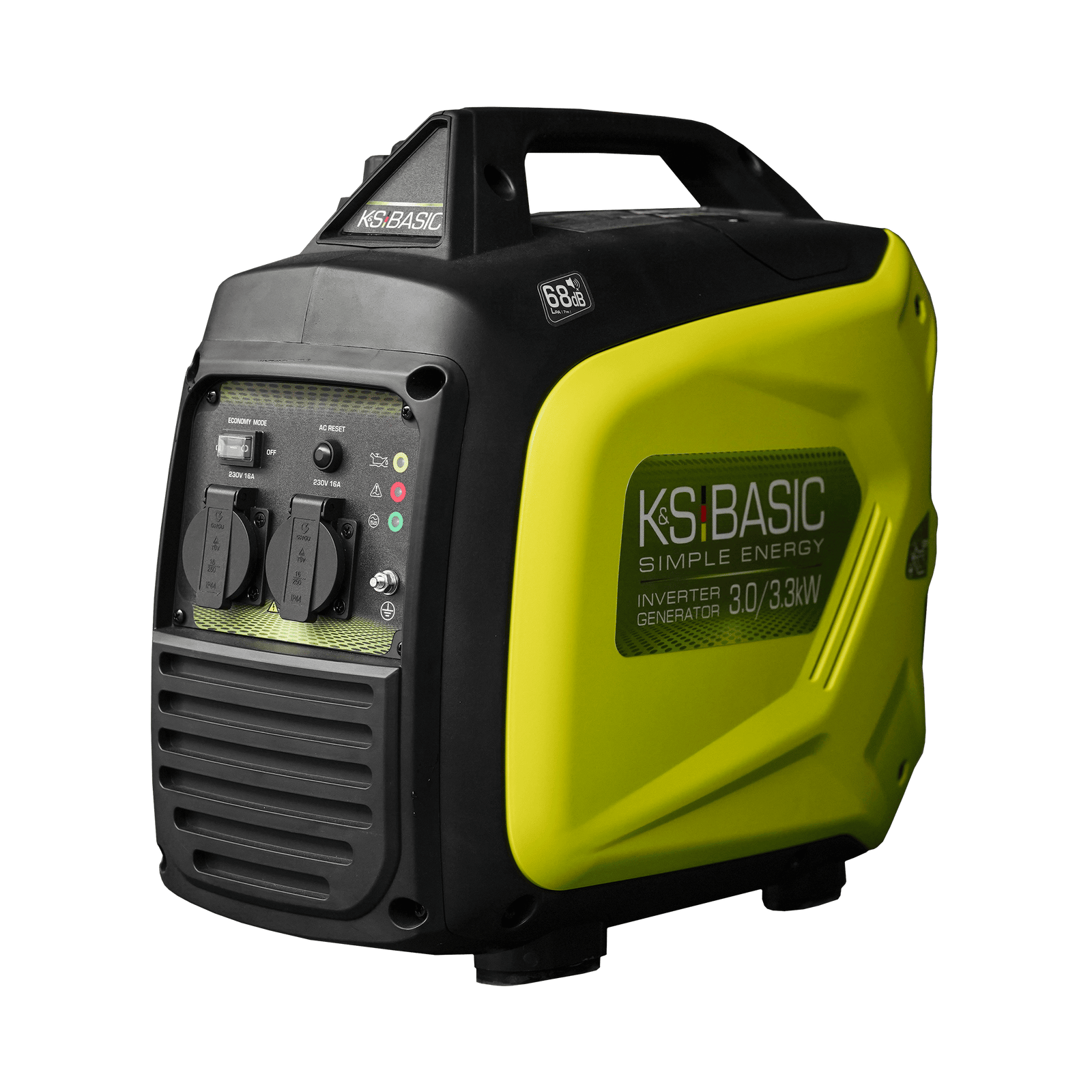 Żółto-czarny agregat inwertorowy KS.BASIC. Ma uchwyt, panel sterowania, gniazda i etykietę z napisem 3.0/3.3kW.