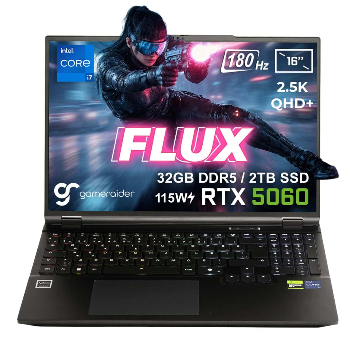 GAMERAIDER FLUX GR16 DDR5 RTX 5060 8GB 115W 2.5K QHD+ 180Hz Intel Core i7-14650HX 32 GB RAM 2 TB SSD 16 inç FreeDOS Gaming Laptop Siyah