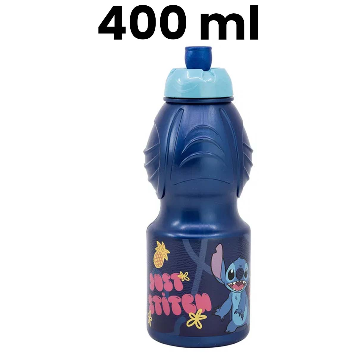 Una borraccia blu con il design di Stitch. Ha un tappo blu e dice 400 ml. Sfondo bianco.