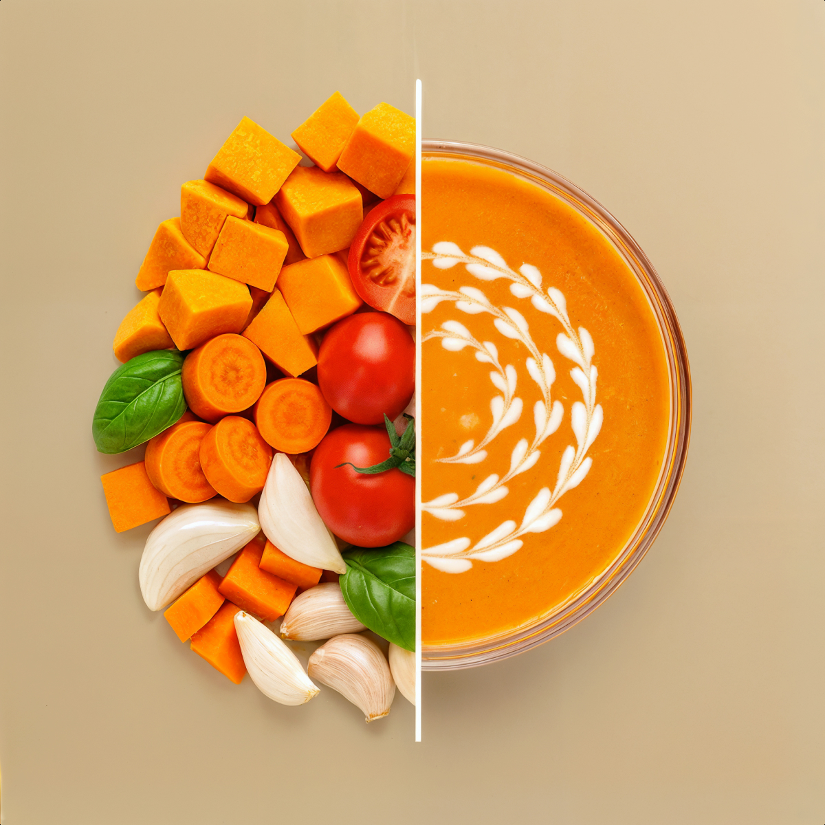 Afbeelding gesplitst. Links: in blokjes gesneden pompoen, tomaten, knoflook, basilicum en wortelen. Rechts: oranje soep met wit wervelontwerp in een kom.