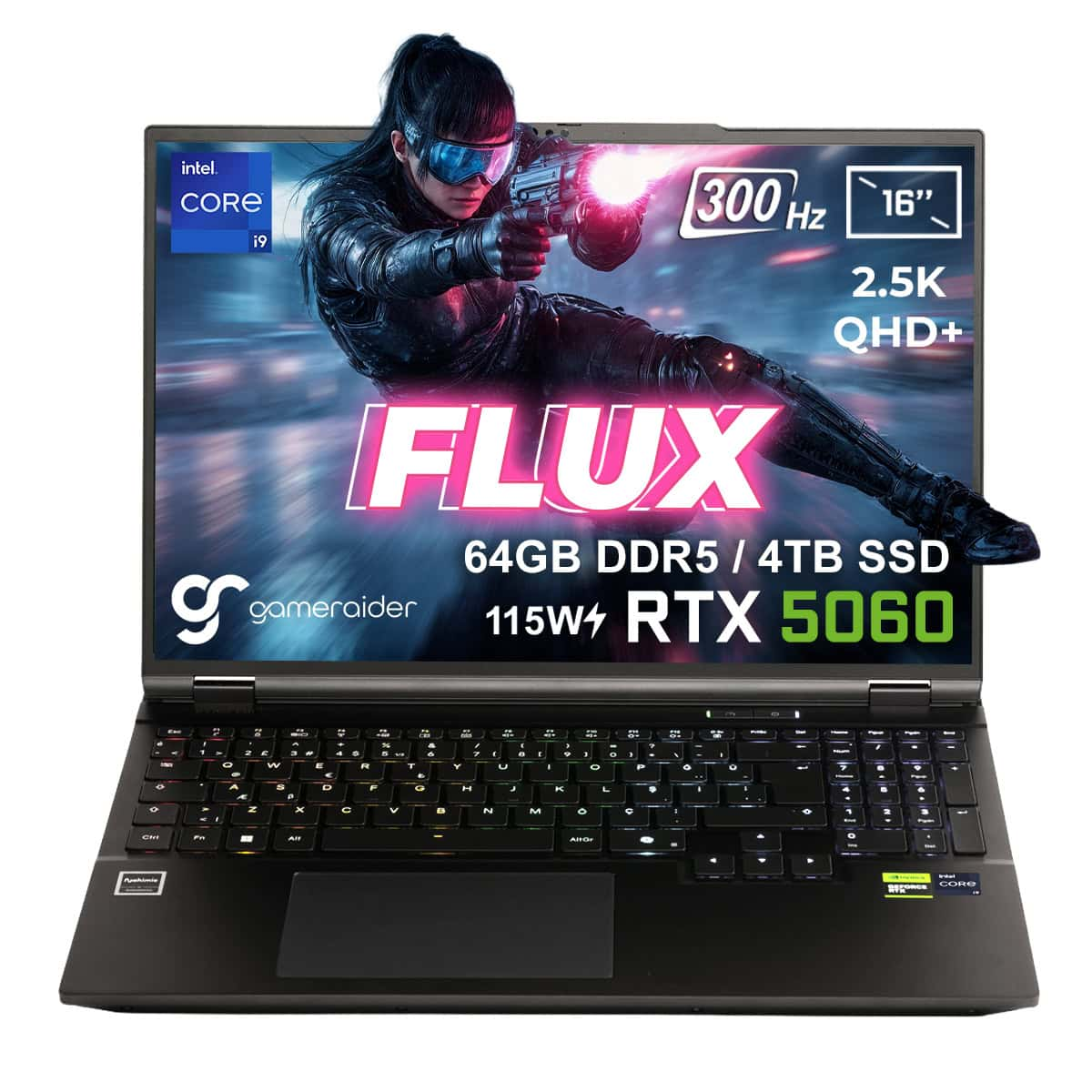 GAMERAIDER FLUX GR16 DDR5 RTX 5060 8GB 115W 2.5K QHD+ 300Hz Intel Core i9-14900HX 64 GB RAM 4 TB SSD 16 inç FreeDOS Gaming Laptop Siyah
