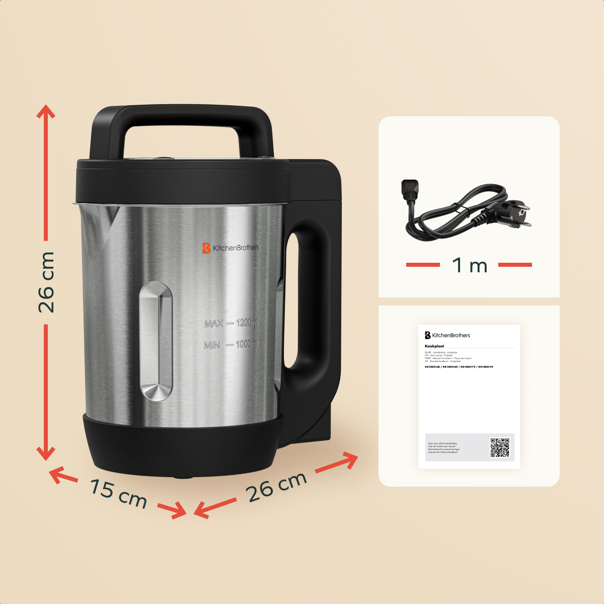RVS KitchenBrothers soepmaker, zwarte handgreep. Inclusief netsnoer en documentatie. Afmetingen: 26cm x 26cm x 15cm.