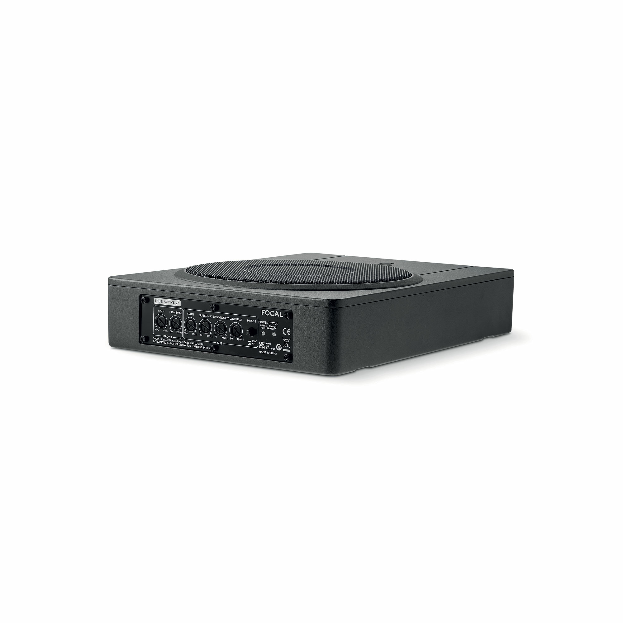 Ein schwarzer Subwoofer mit Bedienelementen und einem Lautsprechergitter. Die Marke ist Focal. Er steht auf weißem Hintergrund.