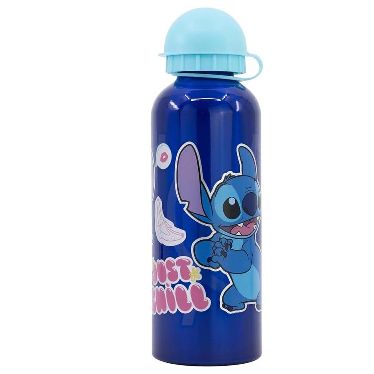 Una borraccia blu con tappo azzurro. Ha il personaggio dei cartoni animati di Stitch con la scritta 'Just Smile'.