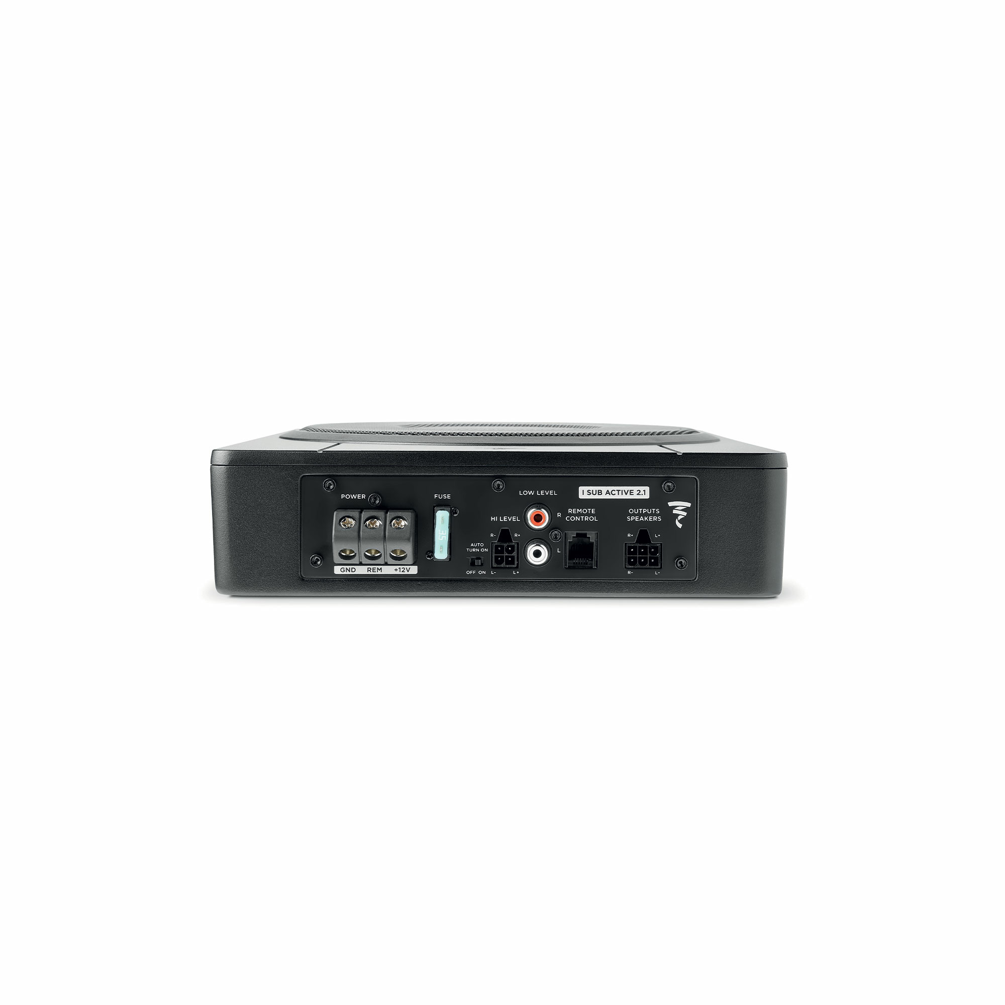 Schwarzer Audio-Subwoofer mit verschiedenen beschrifteten Ein-/Ausgangsanschlüssen. Enthält Strom, Sicherung, Low- und High-Level- sowie Lautsprecherausgänge.