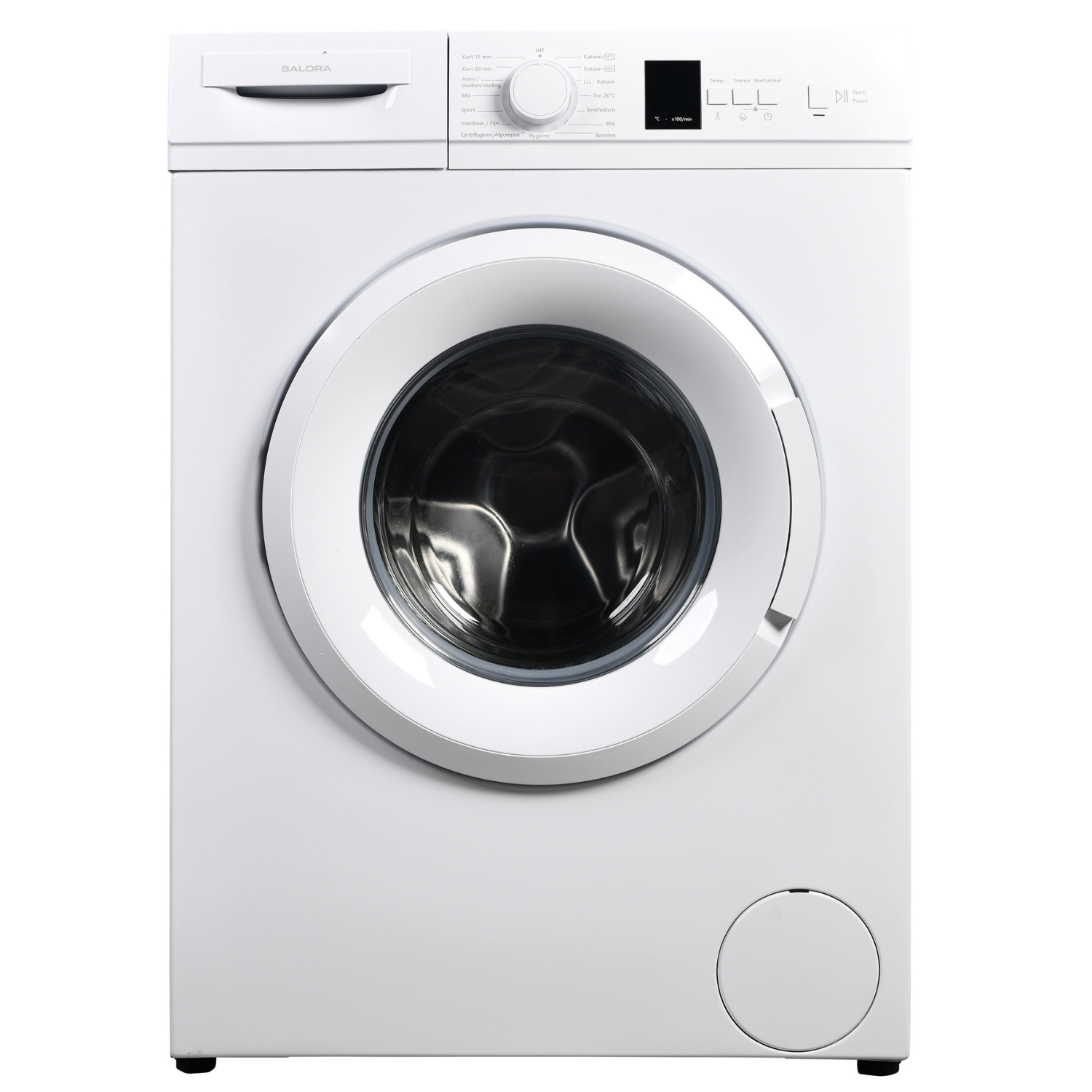 A white Salora washing machine. It has a round door and control panel with buttons and a dial. 