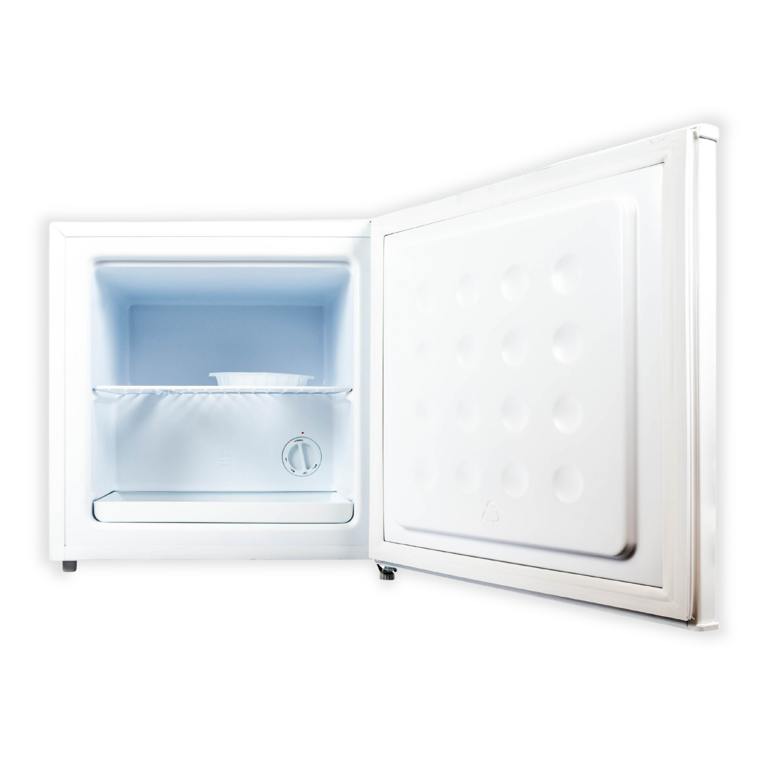 A white mini-fridge with its door open. Inside, there's a shelf and a small container. The door has a dotted pattern.