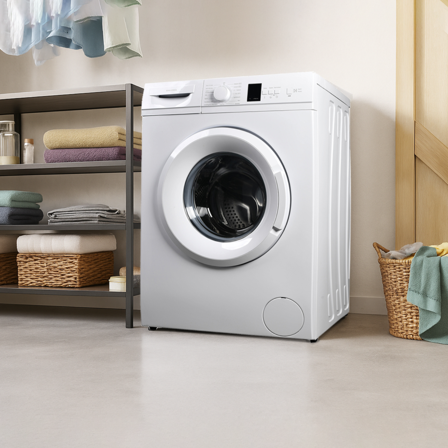 A white washing machine stands near a shelf with towels and a wicker basket filled with laundry in a laundry room.
