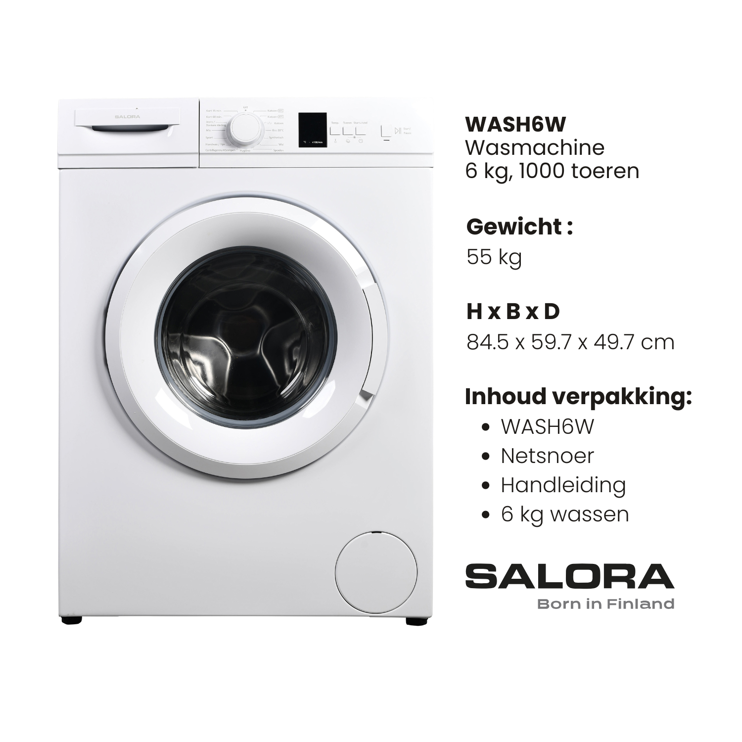 A white washing machine with a round door, control panel, and text. The brand is Salora. It has specifications listed on the right side.